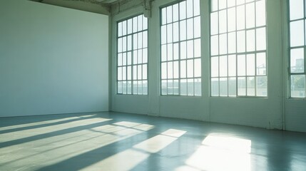 Poster - Bright and Airy Open Space with Large Windows and Natural Light Ideal for Photography, Art Studios, or Creative Workspaces, Minimalist Interior Aesthetic
