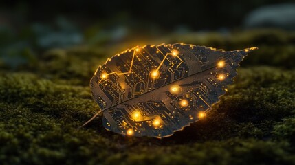 Fototapete - Glowing circuit leaf on moss technological nature concept interconnected network golden light background 