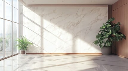 Poster - Bright and Modern Interior Space with Elegant Marble Walls, Wide Windows, Lush Green Plants, and Abundant Natural Light for Spacious Ambiance and Serenity