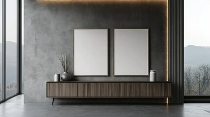 Poster - Modern minimalist living room interior with concrete wall, wooden console table, two blank frames, and elegant decor showcasing a serene atmosphere and natural light