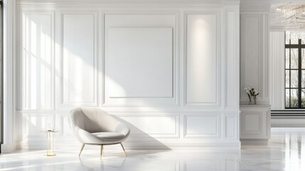 Poster - Elegant White Interior with Minimalistic Chair and Blank Frame, Showcasing Modern Design Elements and Natural Light in a Serene Atmosphere