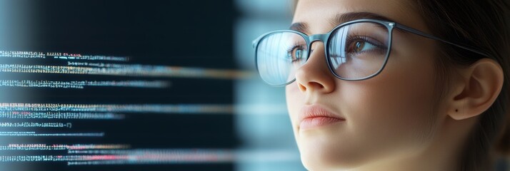 Poster - Female coder with glasses coding binary reflection focused on development software engineering and coding