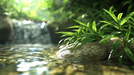 Poster - close-up of a tranquil stream gently flowing over smooth rocks surrounded by lush green foliage illu