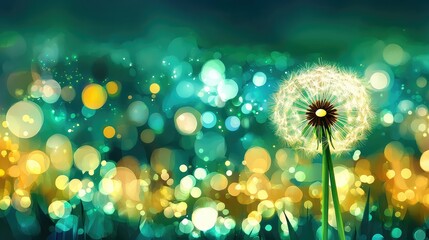 Poster - Dreamy Dandelion in Abstract Bokeh Background with Glowing Lights and Vivid Colors Capturing the Essence of Nature's Beauty and Tranquility