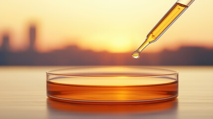 Poster - pipette dropping liquid in petri dish at sunset over cityscape
