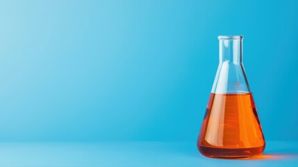 Poster - laboratory flask with orange liquid on blue background in studio