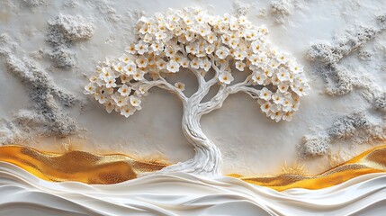 3D background with a white tree of life, flowers, and a golden wave, wall mural, wall art