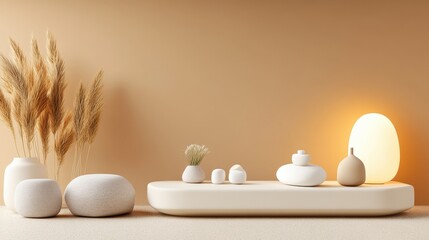 Poster - Minimalist interior scene featu a low white platform with white stones, delicate vases with dried flowers, and warm lamp against beige wall backdrop