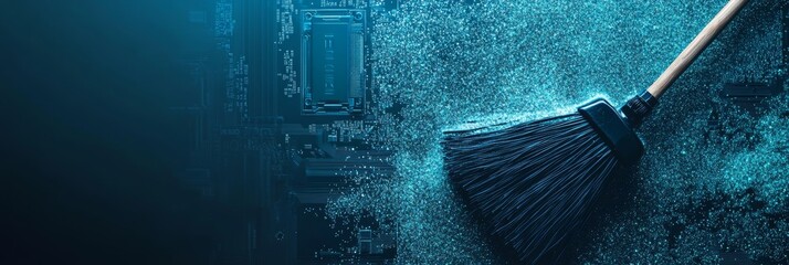 Fototapete - Cleaning up the future: glitter swept from a blue motherboard with a broom in a futuristic digital artwork background 