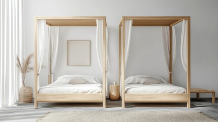 Poster - Stylish and Serene Bedroom Design Featuring Two Wooden Canopy Beds with Light Curtains and Minimalist Decor in a Bright and Inviting Space