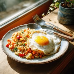 Poster - Delicious fried rice served with egg on a rustic plate beside the window in bright light studio setup