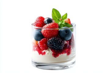 Aufkleber - Delicious mixed fresh berries and cream dessert in glass against a clean white background with soft light perfect shot