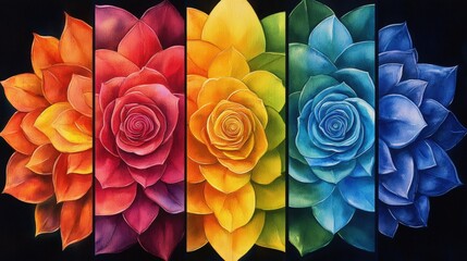 Poster - A vibrant artwork featu five stylized succulent-like flowers in a colorful spectrum from red to blue, beautifully arranged against a dark background