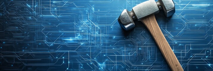 Poster - Hammer tool on modern technology blue background 