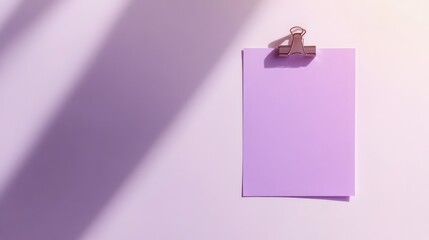 Poster - Minimalist Background with Purple Paper and Clip Shadow, Ideal for Presentations, Announcements, Invitations, or Creative Projects with Soft Lighting and Simple Aesthetic