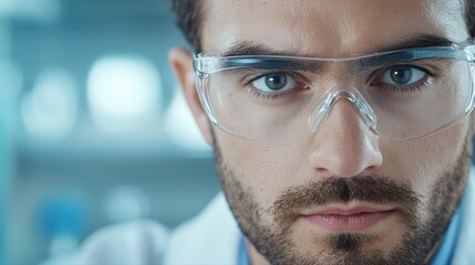 Poster - focused male scientist in lab with safety glasses and serious expression