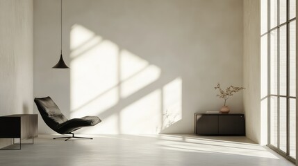Poster - Modern minimalist interior design featuring a sleek black chair, stylish pendant light, and natural light casting shadows on a neutral backdrop in a contemporary living space.