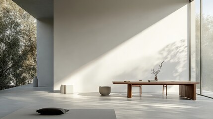 Poster - Spacious Modern Interior with Minimalist Design, Natural Light, and Serene Ambiance in a Contemporary Living Space Surrounded by Nature's Calm Environment