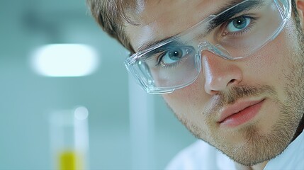 Poster - focused male scientist in lab coat wearing protective eyeglasses