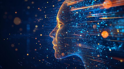 Fototapete - Glowing digital human face with light streaks on a dark blue background 