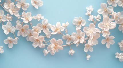 Poster - Delicate Cherry Blossom Flowers on Blue Background in Gentle Arrangement for Peaceful and Beautiful Nature Inspired Designs