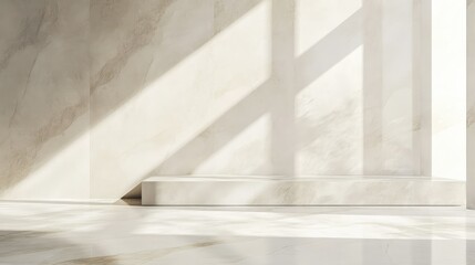 Poster - Minimalistic Indoor Space with Soft Natural Light Casting Shadows on White Marble Surfaces, Ideal for Modern Interior Design and Photography Projects