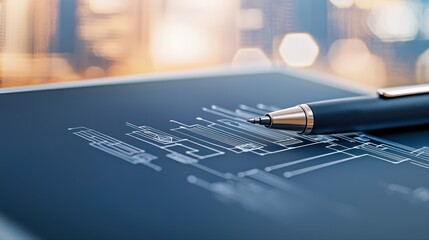 Poster - Detailed architectural blueprint with elegant pen on design table