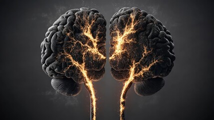 Aufkleber - Close-up of two realistic human brains connected by glowing fiery neural pathways against a dark, smoky background showcasing advanced cognition and thought