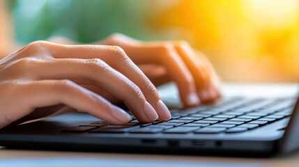 Poster - Close-up of hands typing on laptop keyboard with soft background glow