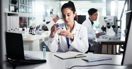Aufkleber - Woman, scientist and vial with medical research for exam, test results or analysis at laboratory. Female person, science or book with chemical sample for scientific trial, experiment or new study