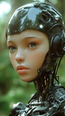 Poster - Futuristic female cyborg with nature background: ai-generated humanoid robot looking ahead sci-fi technology