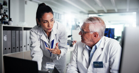 Poster - Teamwork, scientist and collaboration with mentor in laboratory for healthcare, medical research or test results. Man, woman and study with biologist in clinical trial for pharmaceutical development