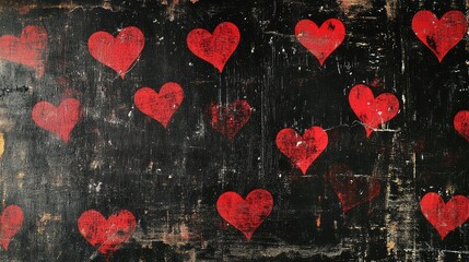 Poster - Artistic Background Featuring Hand-Painted Red Hearts on a Distressed Black Surface, Perfect for Romantic Themes and Creative Design Projects