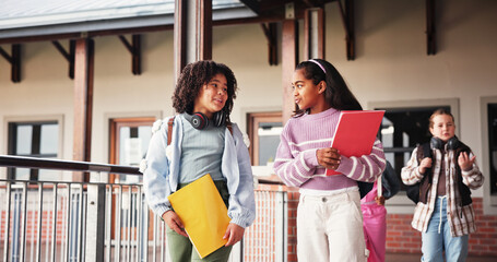 Aufkleber - Girl, friends and discussion at school, happy and corridor at break, listen and bonding with education. Kids, pupil and outdoor with talking, smile and books for scholarship, learning and development