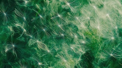 Poster - Abstract aerial view of delicate white filaments on lush green background creating an organic texture that evokes nature's beauty and harmony with soft light effects.