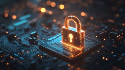 Poster - Secure digital padlock on circuit board with bokeh background illustrating cybersecurity protection of data and networks through innovative technology safeguarding information