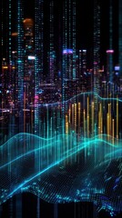 Poster - A vibrant digital landscape depicting cascading data streams over a city skyline, blending technology and urban life in a futuristic vision.