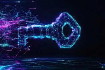 Poster - A digital representation of a key formed by vibrant, interconnected lines and shapes, symbolizing technology and security.