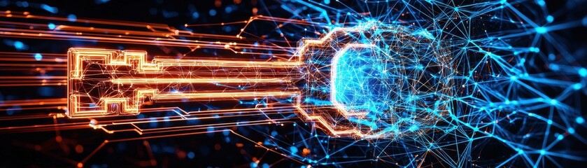 Fototapete - A digital key composed of vibrant, glowing lines and nodes, symbolizing technology, security, and data transfer in a futuristic environment.