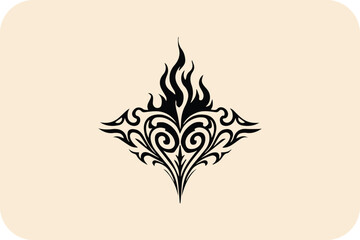 Aufkleber - Mystic Flame Heart: Intricate Black Silhouette of a Tribal Heart Design with Flowing Fire Elements on a Soft Background.