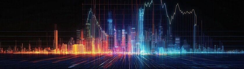 Poster - A vibrant digital city skyline illuminated with colorful lines and graphs, representing data and technology trends.