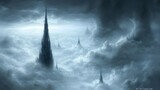 Ethereal towers pierce dark clouds