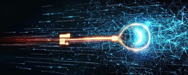 Fototapete - A futuristic key design surrounded by dynamic lines and glowing particles, symbolizing technology and innovation.