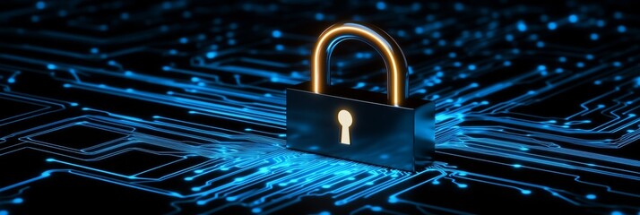 Poster - Cybersecurity padlock with glowing circuit lines on a clean background digital safety concept for online protection and data encryption in the modern technology era 