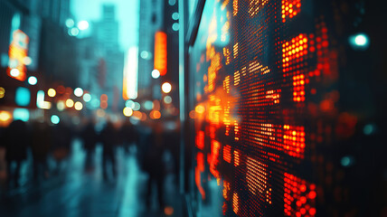 Poster - Stock market screen displaying data and numbers with blurred city street lights creating a bokeh effect
