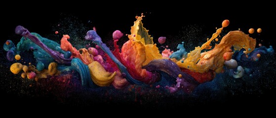Poster - Colorful Paint Explosion on Black Backdrop Artistic Fluid Dynamic Movement Rich Texture Vivid Creative Style