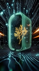 Poster - A futuristic digital depiction featuring an illuminated tree inside a glowing structure, surrounded by vibrant lines and light effects.