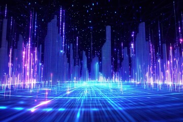 Poster - A vibrant digital cityscape illuminated by glowing lines and dots, creating a futuristic atmosphere filled with energy and movement.
