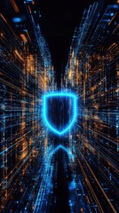 Poster - A futuristic digital scene featuring a glowing blue shield surrounded by vibrant data streams, symbolizing cybersecurity and protection in a high-tech environment.