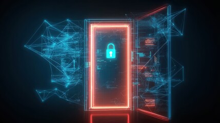 Fototapete - A futuristic digital door with a lock, surrounded by glowing geometric shapes, symbolizes security and technology in a virtual environment.